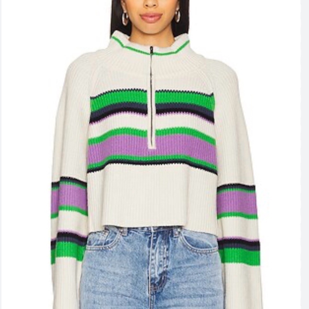 Free People Cream Cropped Turtleneck Sweater with Green & Purple Stripes